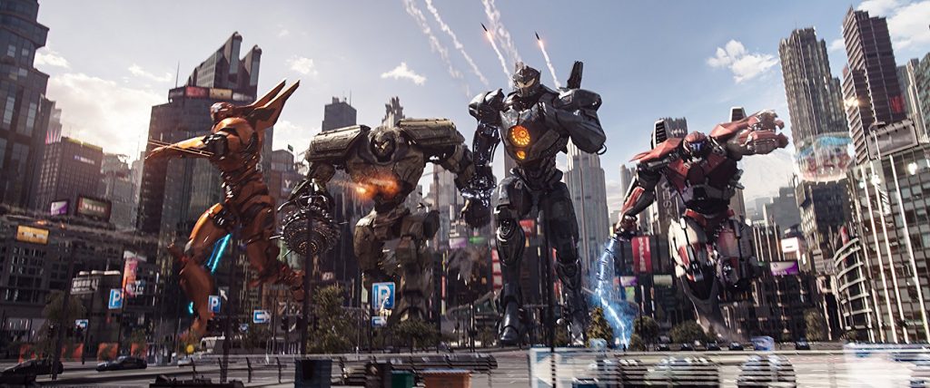 The Jaegers charge into battle in the city.
