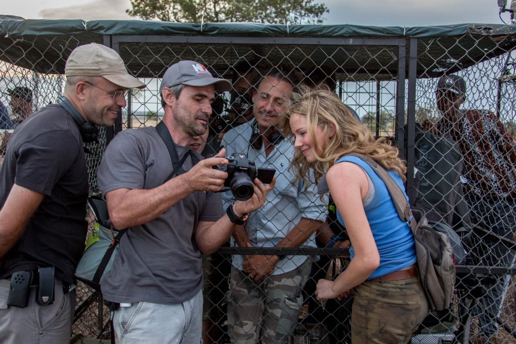 Production still with Gilles de Maistre, Daniah de Villiers, and Lion Whisperer, Kevin Richardson from the set of Mia and the White Lion.