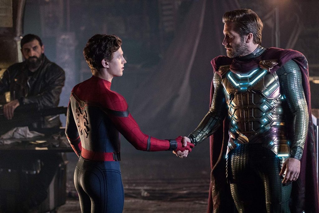 Spider-Man and Mysterio shake hands