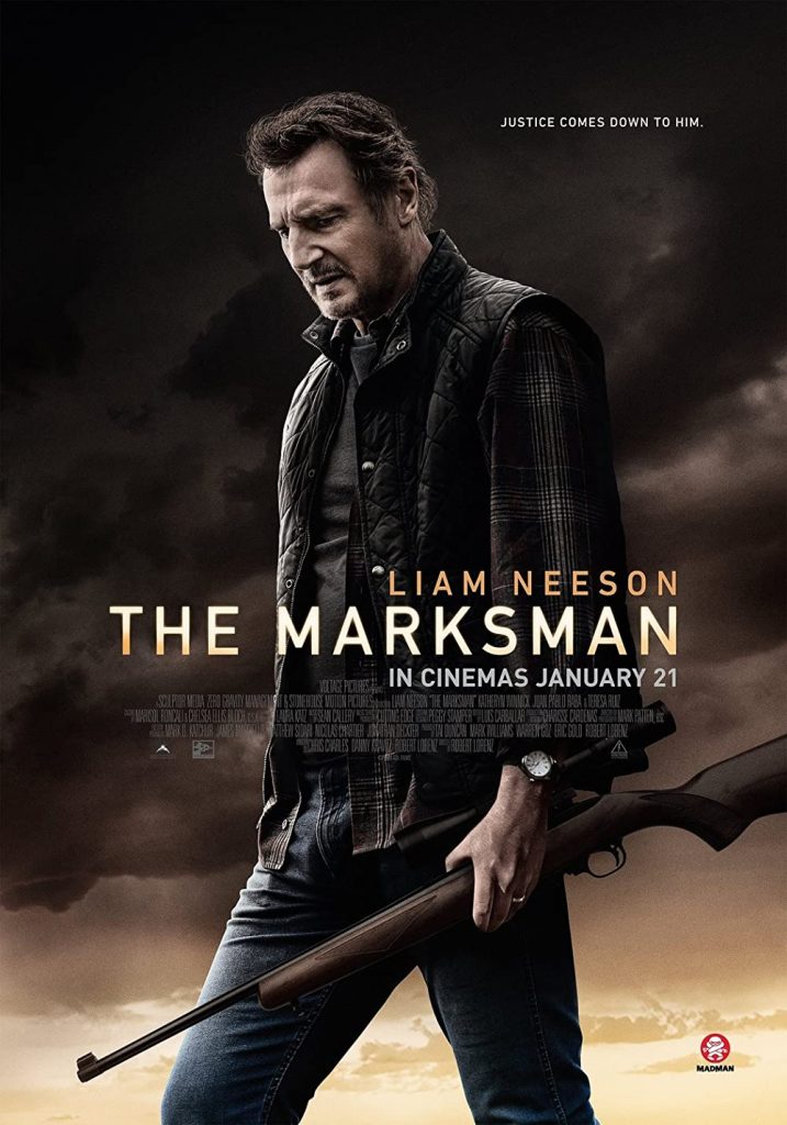 Liam Neeson stars in The Marksman, 1/15/2021, as shown in this poster.