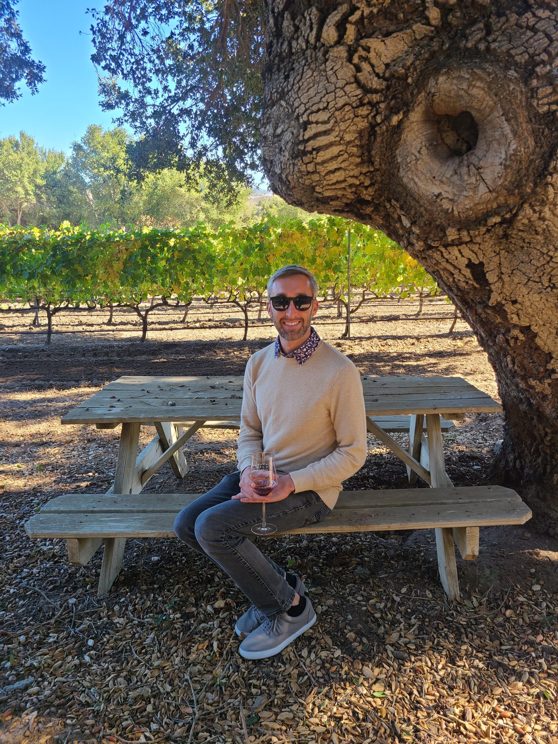 Robert (Bobby) Sevenich, seen here sipping wine on a vineyard near Solvang, CA, who is on the InQua Podcast this week.