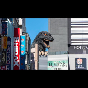 Godzilla looks over Toho Cinemas in Tokyo, Japan